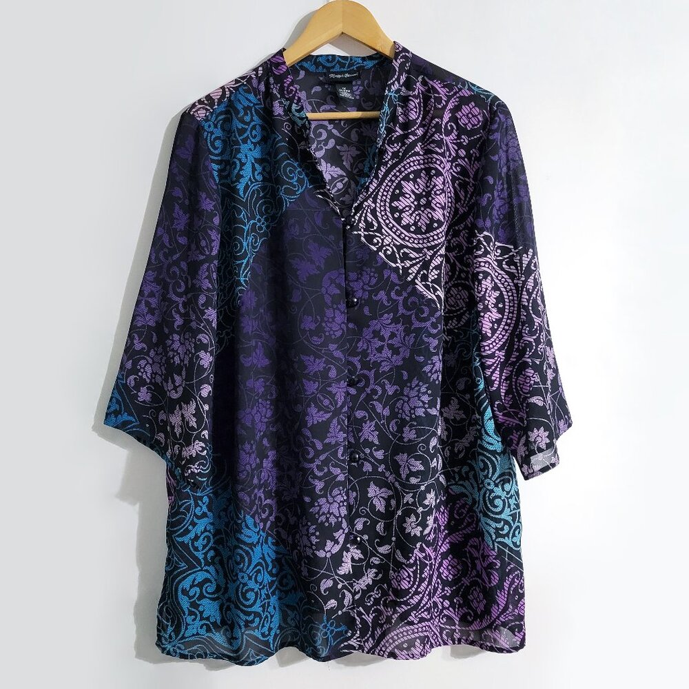 Maggie Barnes Womens Long Sleeve Toggle Button Tunic Size 1X Purple Floral Artsy
